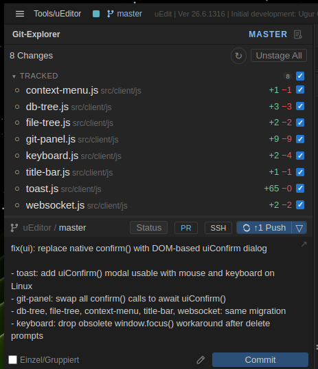 Git-Explorer mit geänderten Dateien, Diff-Statistik und Commit-Nachricht