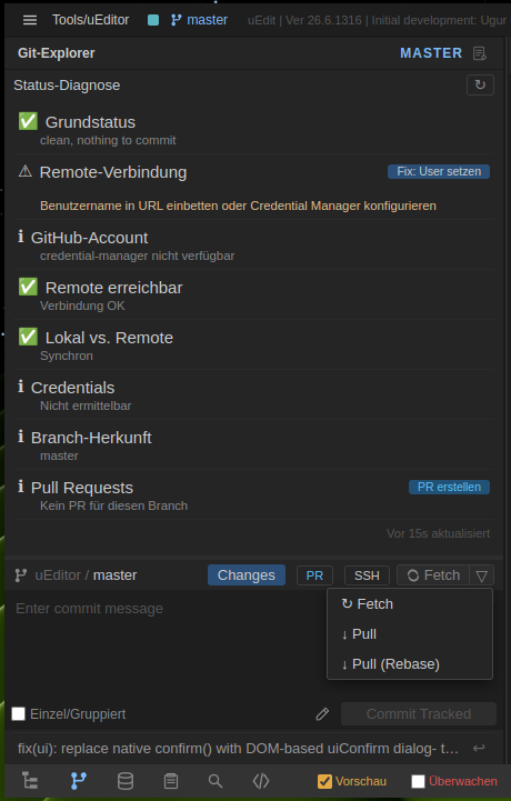Git-Explorer mit Status-Diagnose, Remote-Prüfung und Pull-Request-Status