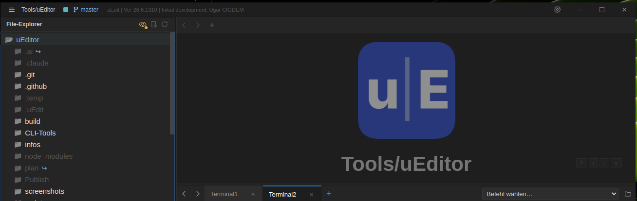 uEdit mit Dateibaum, Editorbereich und zwei Terminal-Tabs